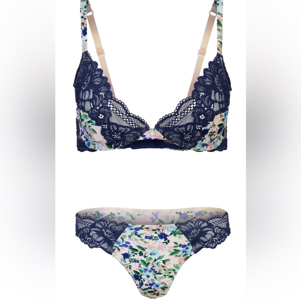 Adore Me Navy and Floral Lace Bra Set